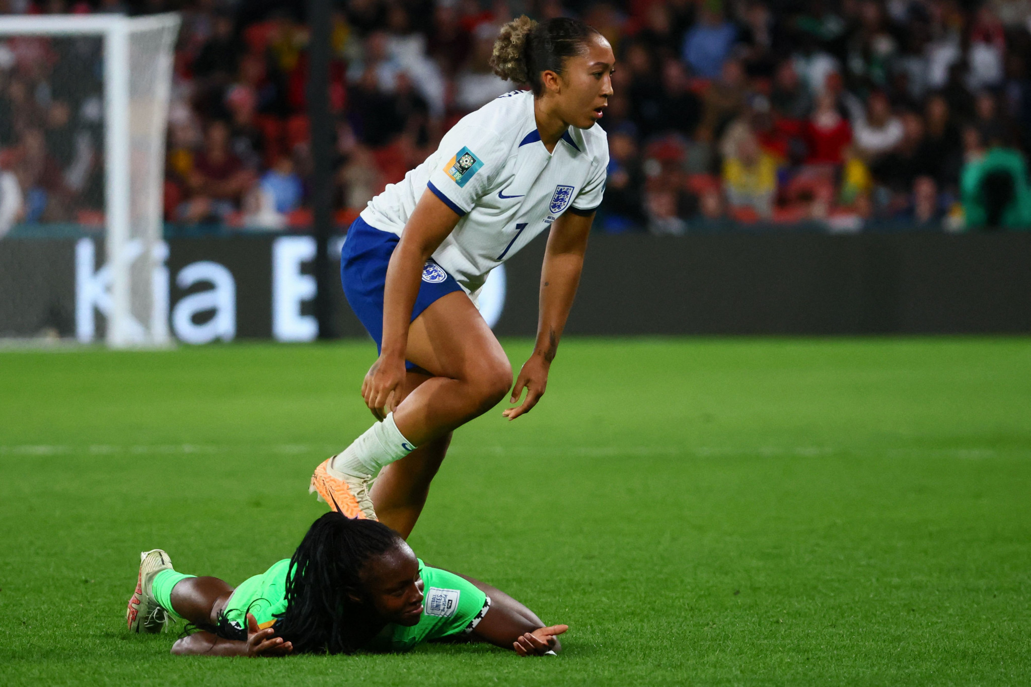 England's Lauren James was shown a red card for stamping on Michelle Alozie ©Getty Images