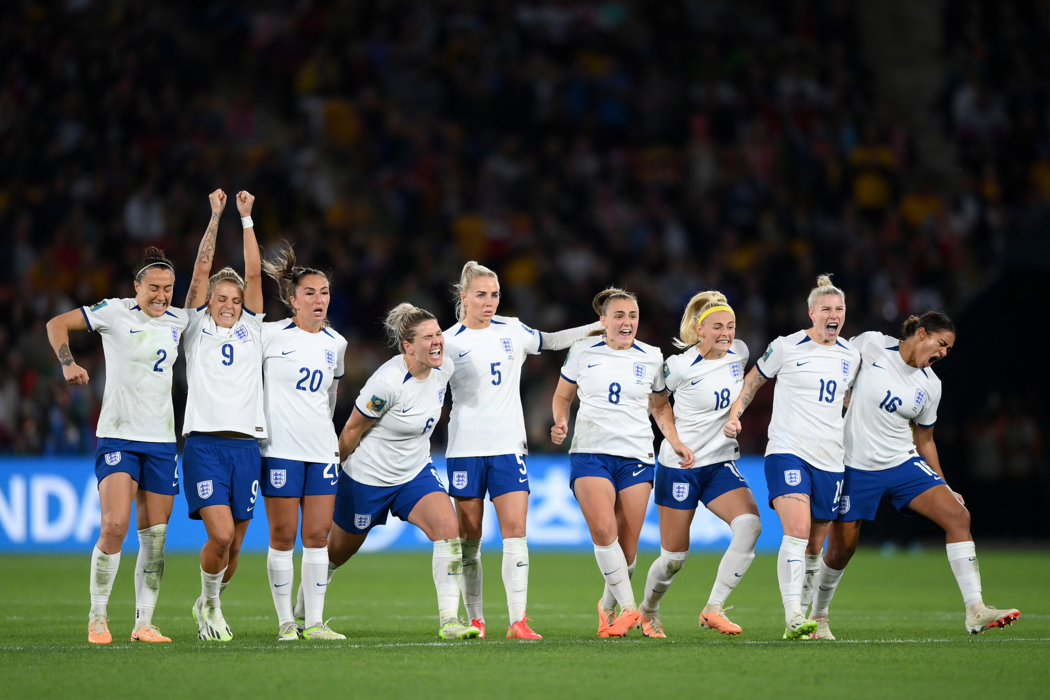 England's players celebrate their shootout triumph against Nigeria ©Getty Images