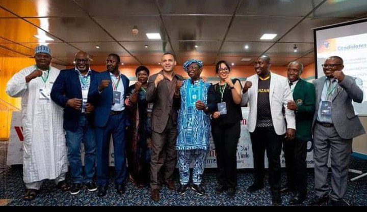 The election of Cameroon's Bertrand Mendouga, fifth right, in Algiers last year had been welcomed by Umar Kremlev, fifth left, but the IBA President quickly lost confidence in him ©IBA
