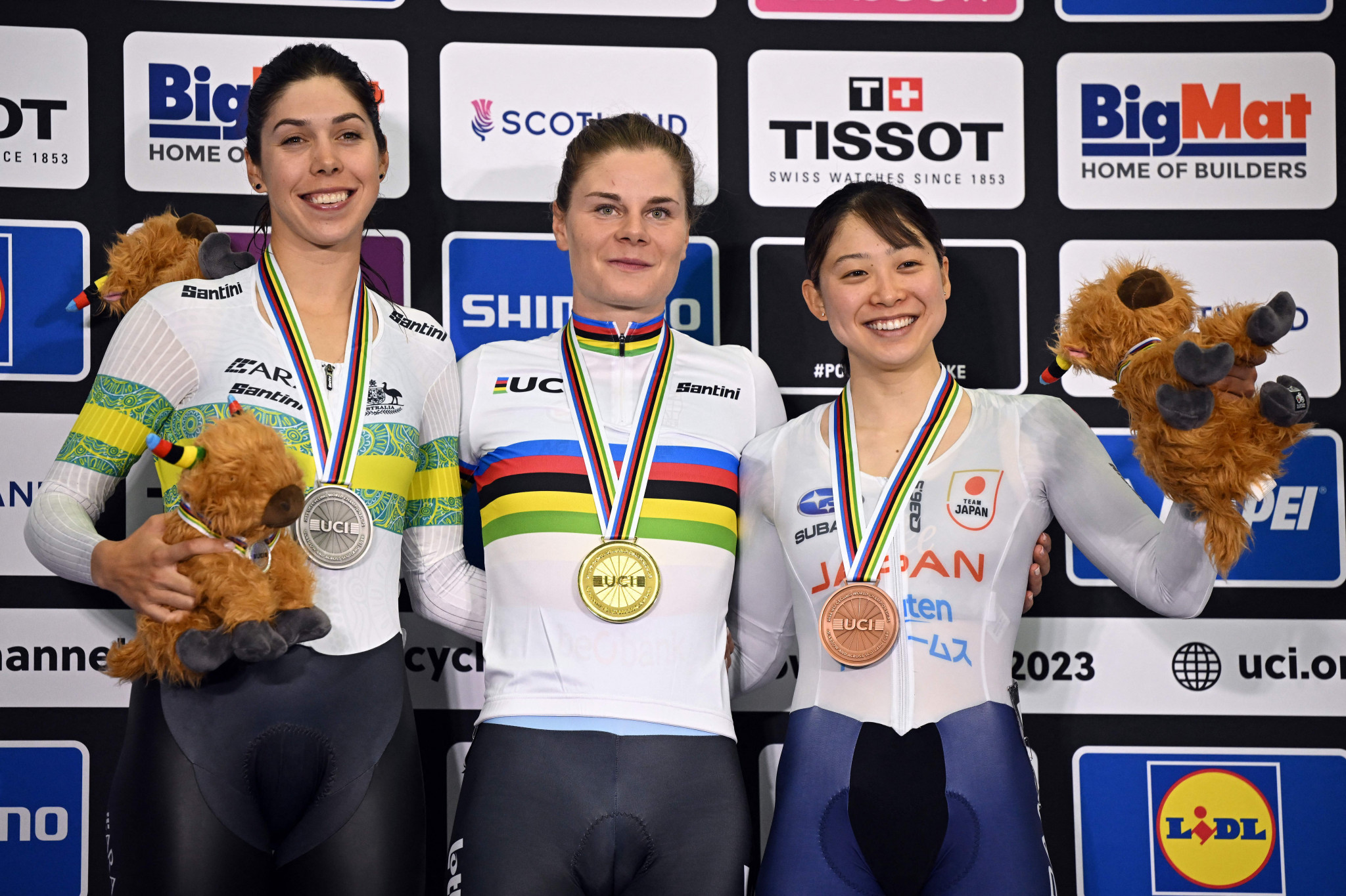 The podium for the women's points race, which was won by Belgium's Lotte Kopecky, centre ©Getty Images