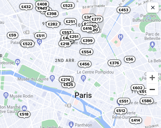 A map on the Trivago comparison booking portal shows hotel prices in Paris for a night's accommodation this week in 2024 ©Trivago