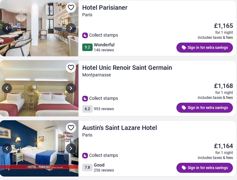 A selection of the nightly rates advertised on the Hotels.com portal in Paris for one year from tonight ©Hotels.com