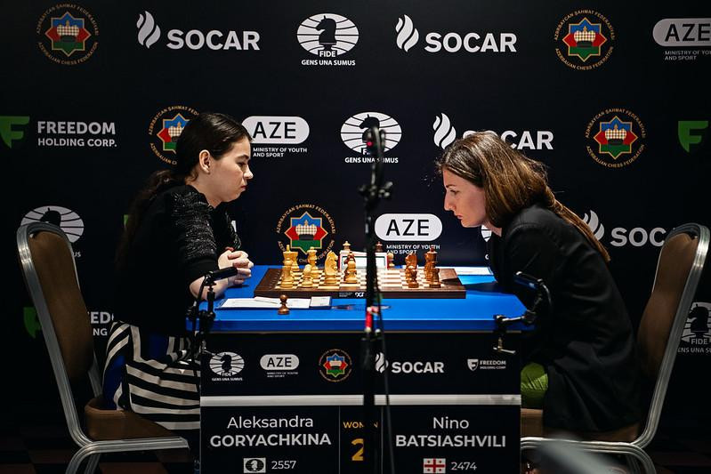 The world number two female player on FIDE ratings Alexandra Goryachkina, left, secured victory to advance to the next round in Baku ©FIDE