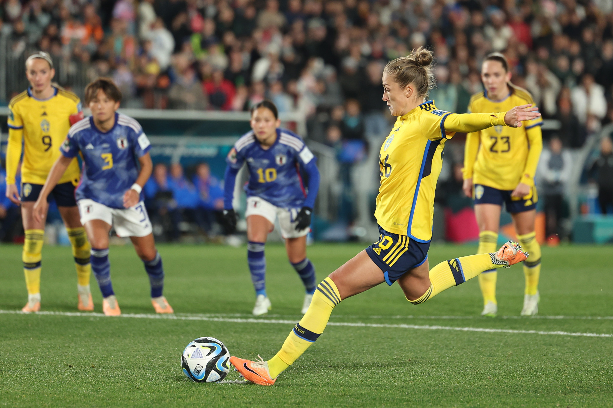 Sweden's Filippa Angeldal scored the 50th minute penalty for Sweden which proved to be the winner in her country's 2-1 victory over 2011 FIFA Women's World Cup champions Japan ©Getty Images