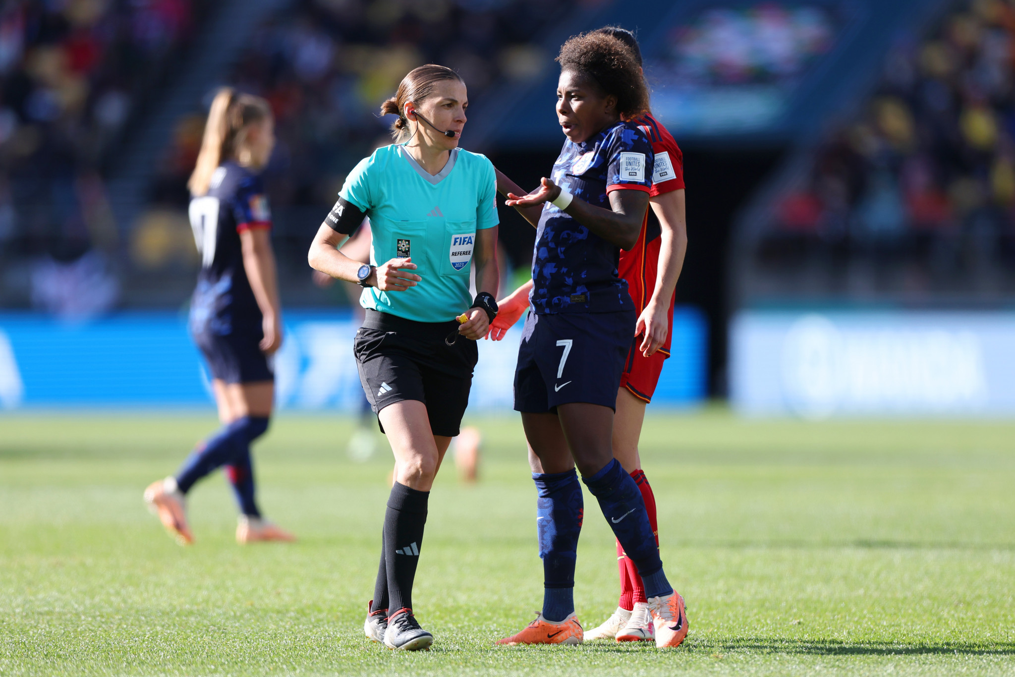 The Netherlands were left angry after a penalty was awarded for a foul on Lineth Beerensteyn, in blue, only for referee Stephanie Frappart to overturn it after a review by the VAR ©Getty Images