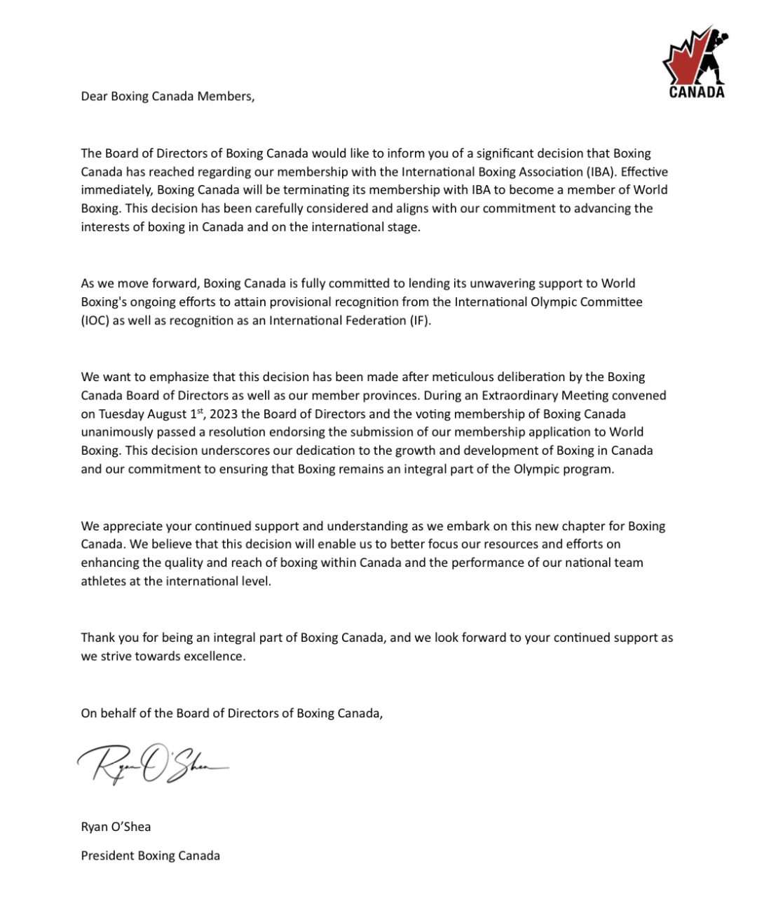 Boxing Canada President Ryan O'Shea has written to members informing them of the decision to resign from IBA ©Boxing Canada 
