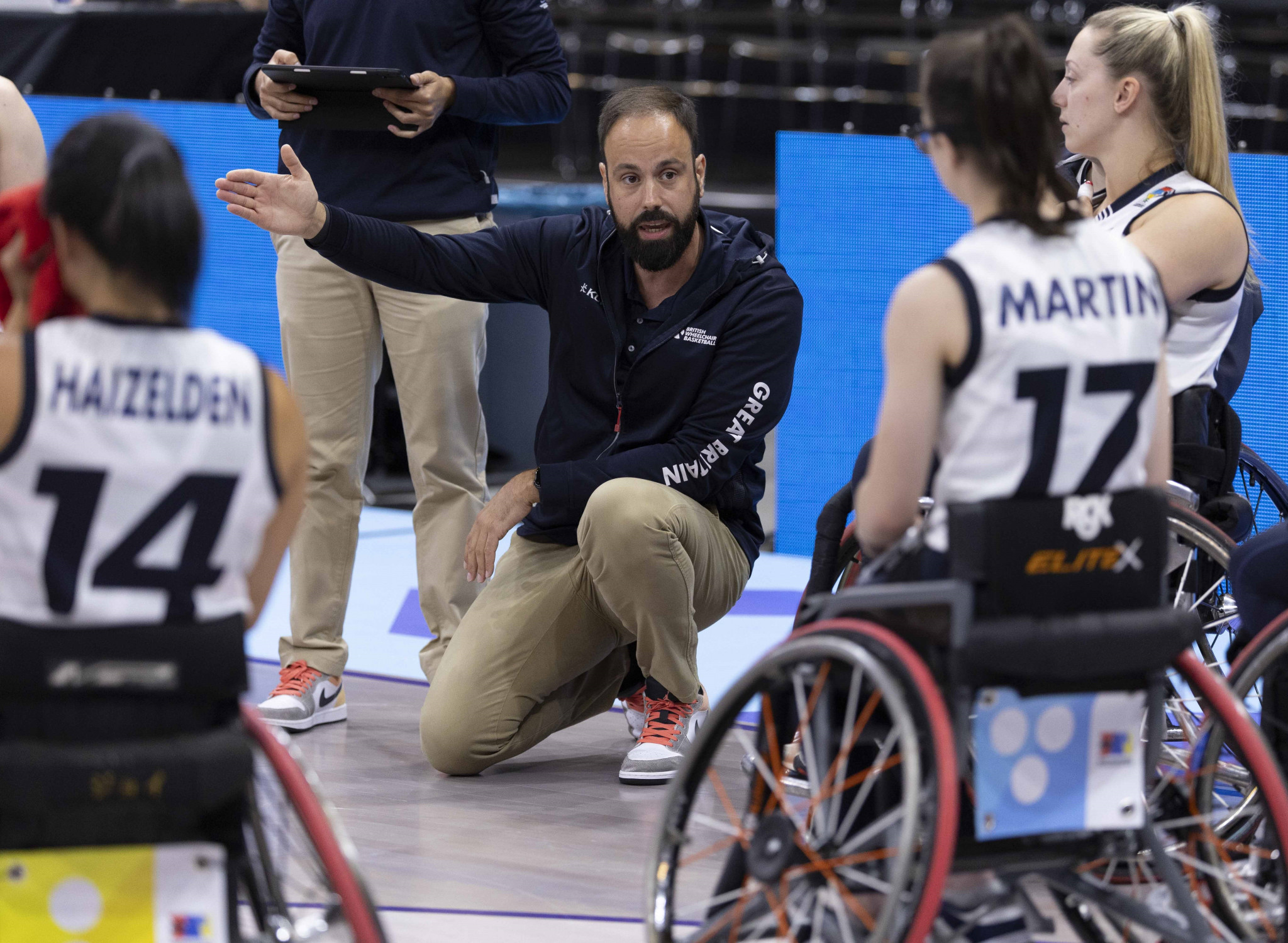 Britain's coach Miguel Vaquero Maestre passes on instructions to his players during their 48-43 defeat to Germany ©EPC
