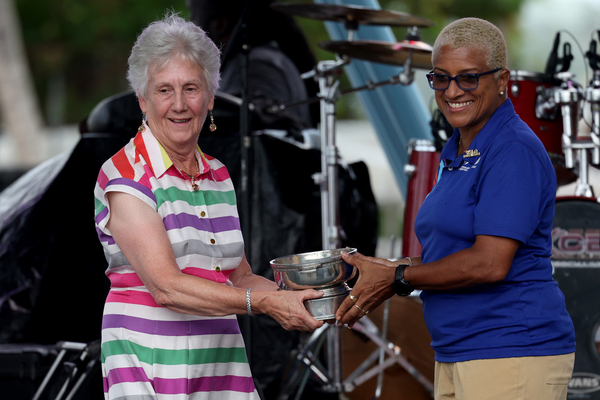 Trinidad and Tobago Olympic Committee President Diane Henderson, right, joined CGF President Dame Louise Martin, left, on the stage at the Closing Ceremony ©Getty Images