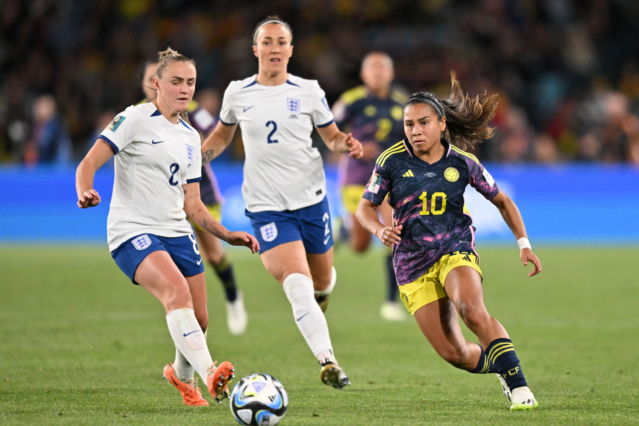 Leicy Santos, right, broke the deadlock after 44 minutes to put Colombia in front ©Getty Images