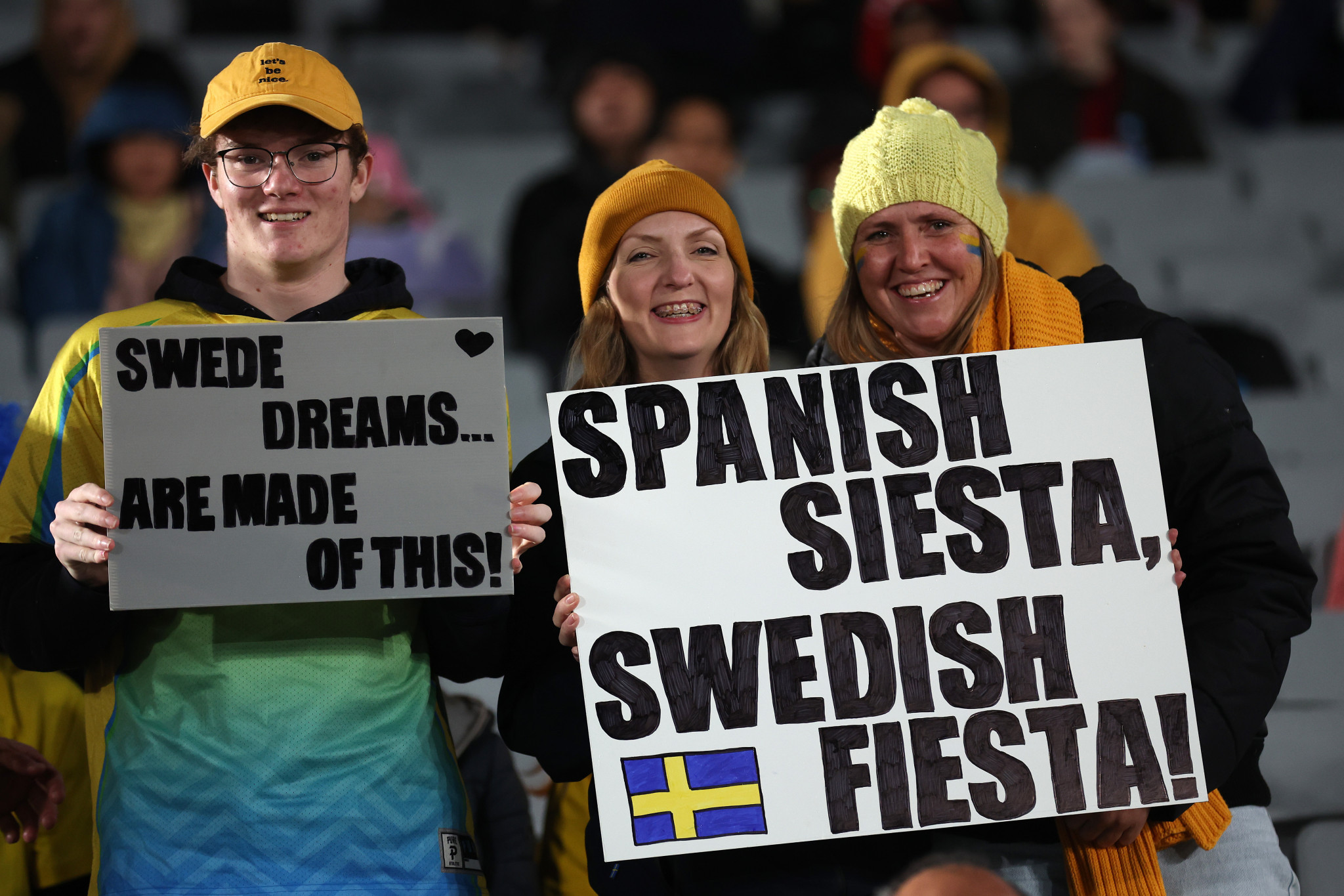 Swedish fans with their banners prior to the match in Auckland ©Getty Images 