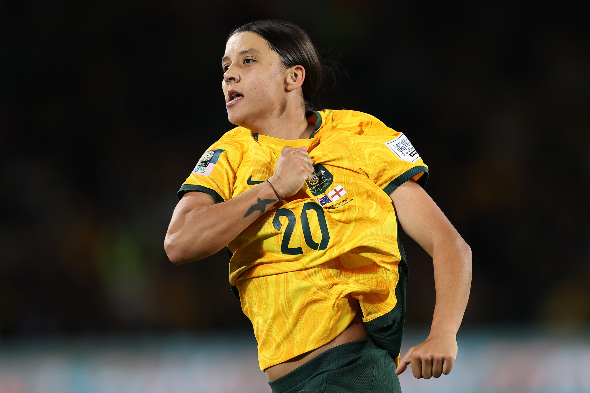 Sam Kerr, making her start of the tournament for the Matildas, celebrates after levelling the scores on the hour mark ©Getty Images