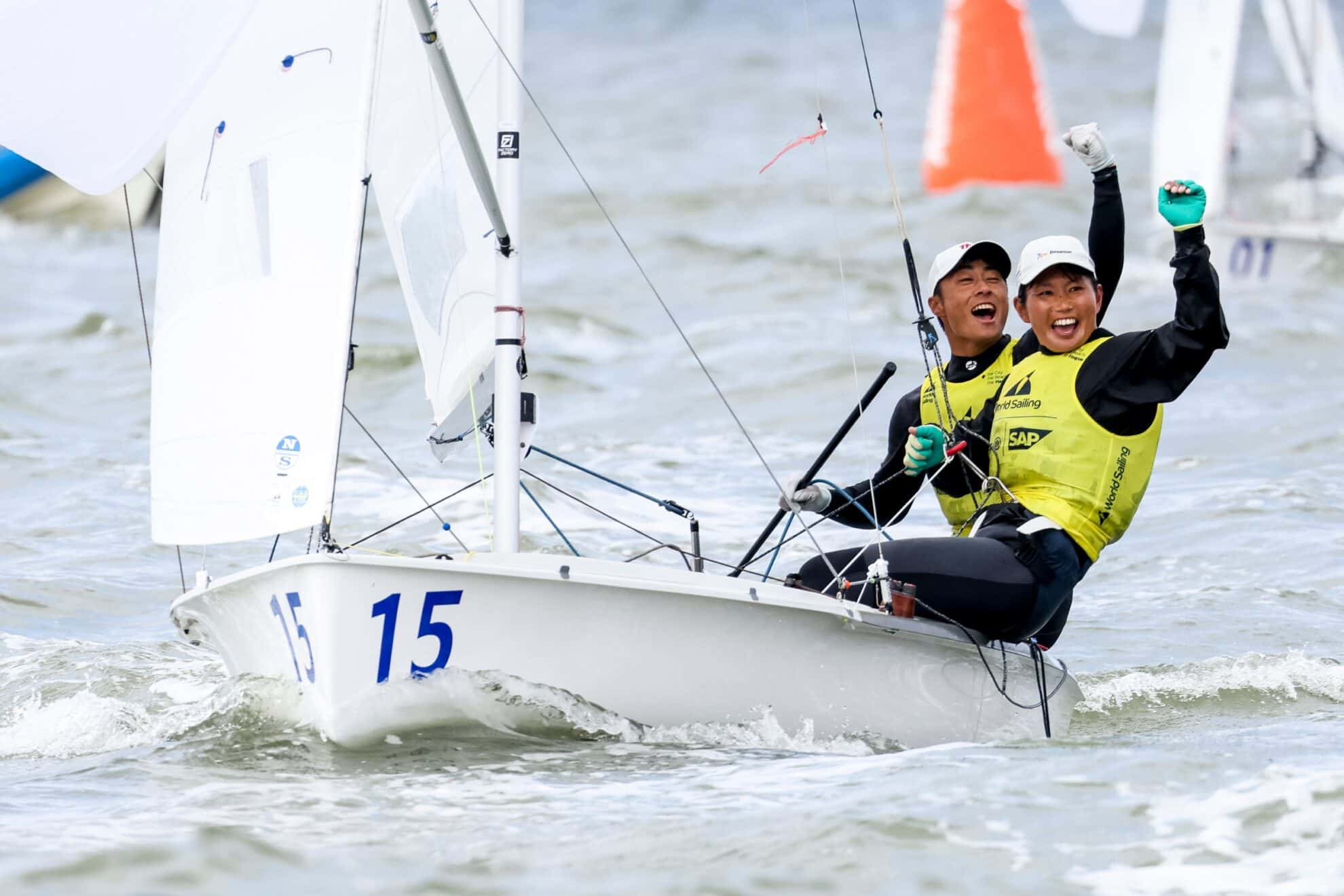 Keiju Okada, left, and Miho Yoshioka cruised to victory in the 470 class in The Hague ©World Sailing