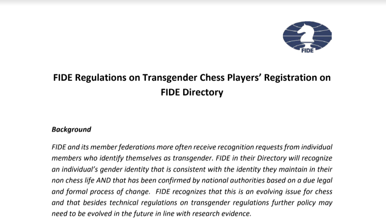 FIDE's regulations for transgender women are set for introduction on August 21 ©FIDE