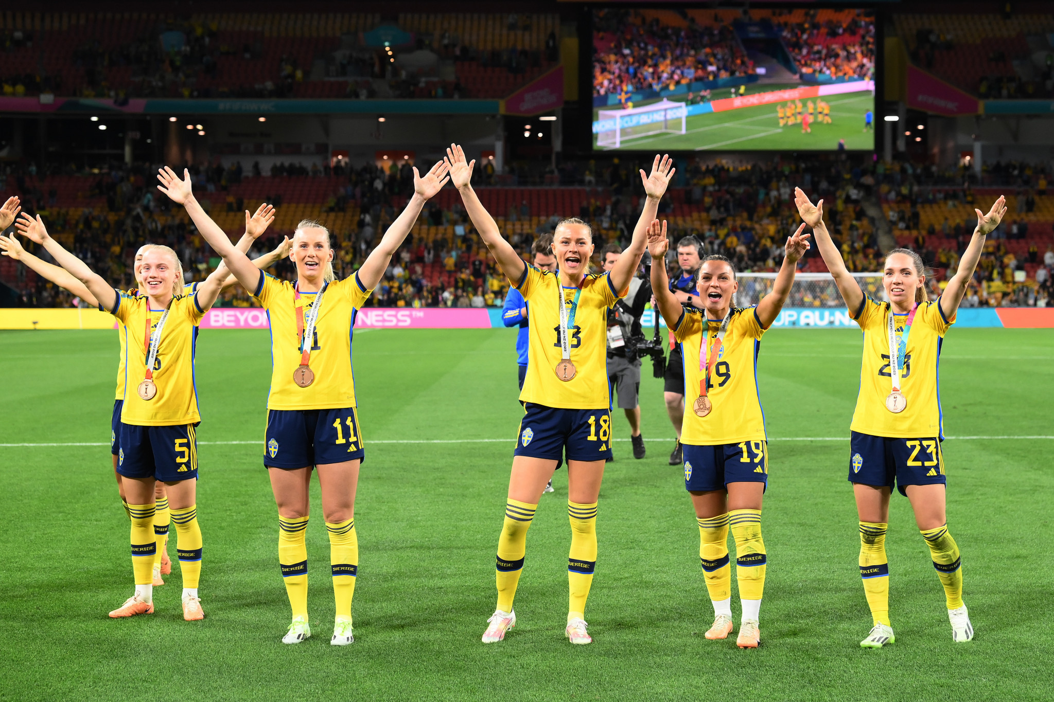 Sweden's players celebrate after winning the third place match ©Getty Images