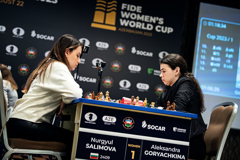 Nurgyul Salimova and Aleksandra Goryachkina drew the opening game of the FIDE Women's World Cup Final in Baku©FIDE/Stev Bonhage