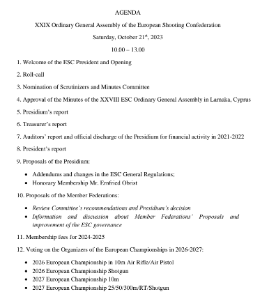 The Agenda published for the ESC General Assembly makes no mention of calls for the removal of the President ©ESC