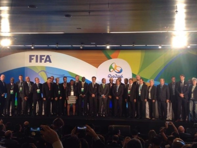 Coaches of all the male and female teams gathering on stage after the draw ©Rio 2016