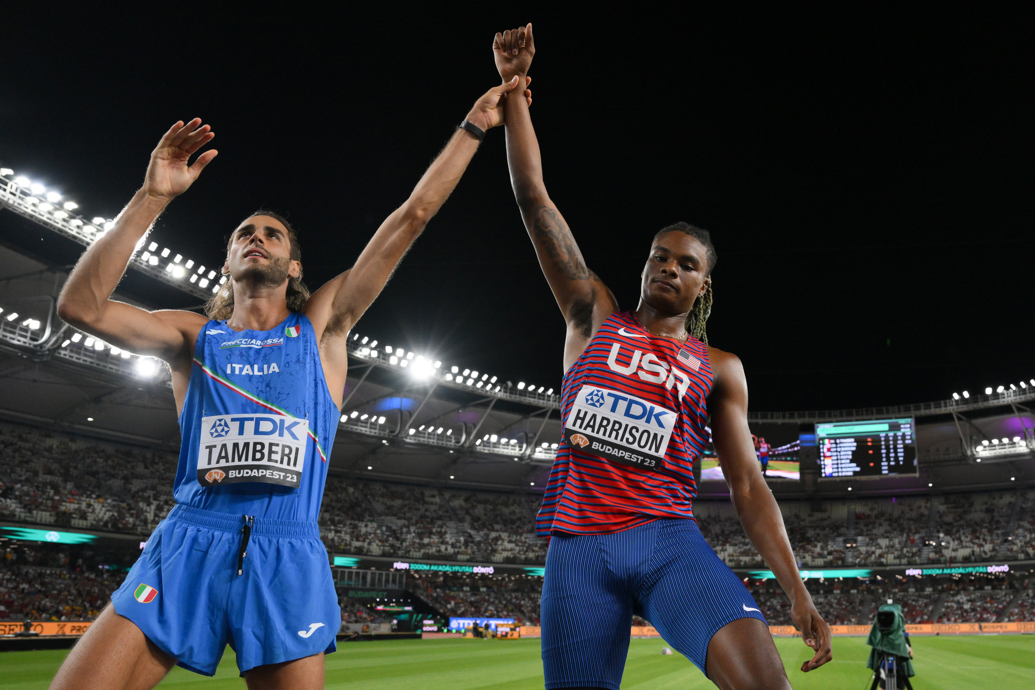 Gianmarco Tamberi of Italy, left, took men's high jump gold with a world-leading 2.36 metres, with JuVaughn Harrison of the United States, right, taking silver ©Getty Images