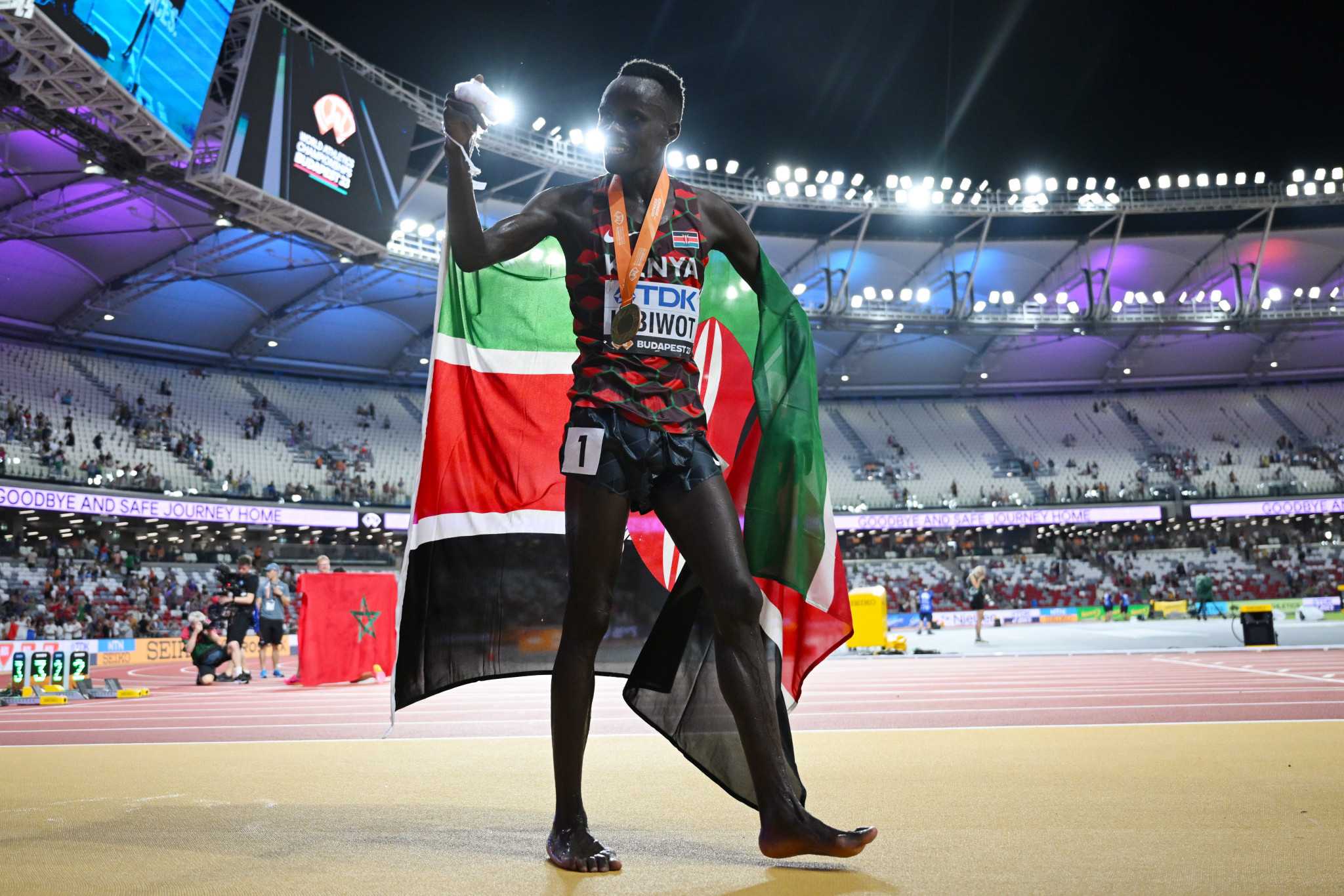 Abraham Kibiwot of Kenya took men's 3,000m steeplechase bronze despite a stumble over a barrier on the final lap ©Getty Images