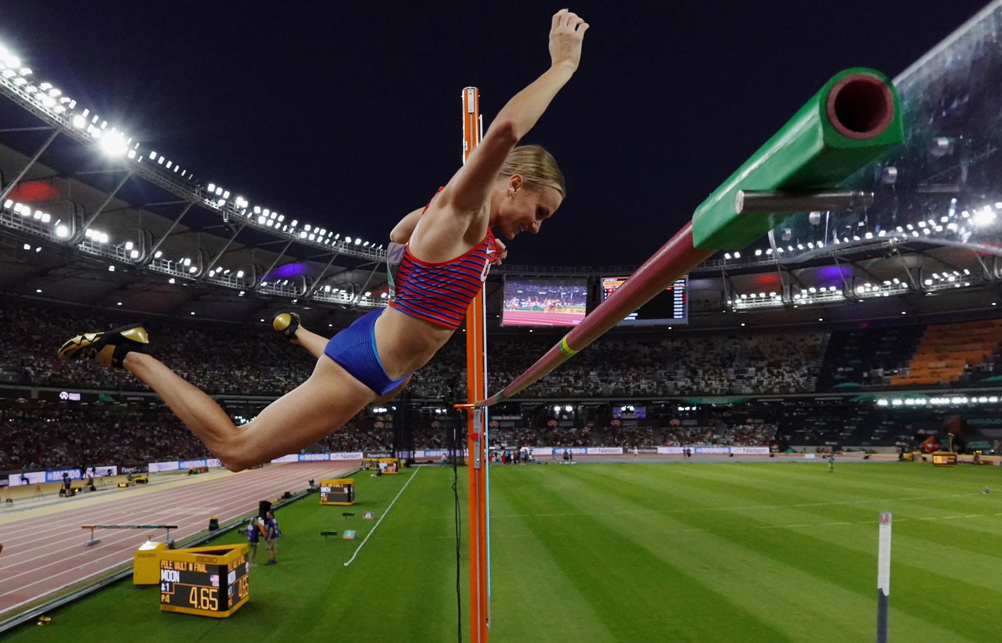 Katie Moon of the US added to her women's pole vault Olympic and World Championships golds with a shared title in Budapest ©Getty Images