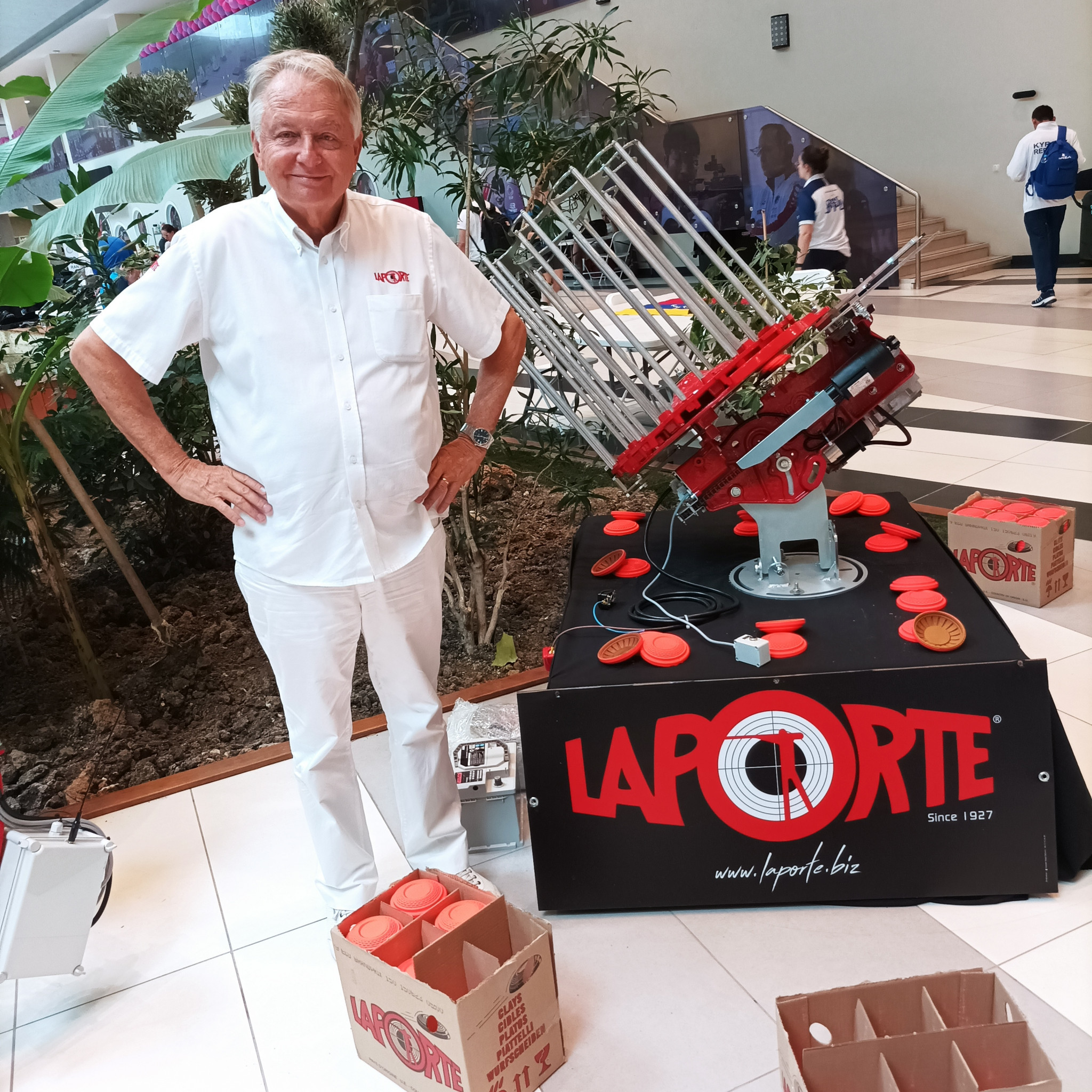 Laporte President Jean-Michel Laporte with clays and launching equipment at the ISSF World Championships in Baku ©ITG 