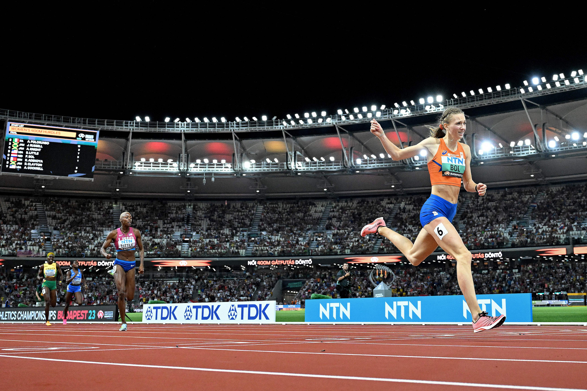 Femke Bol of The Netherlands, right, dominated the women's 400m hurdles final in 51.70 at the World Athletics Championships ©Getty Images