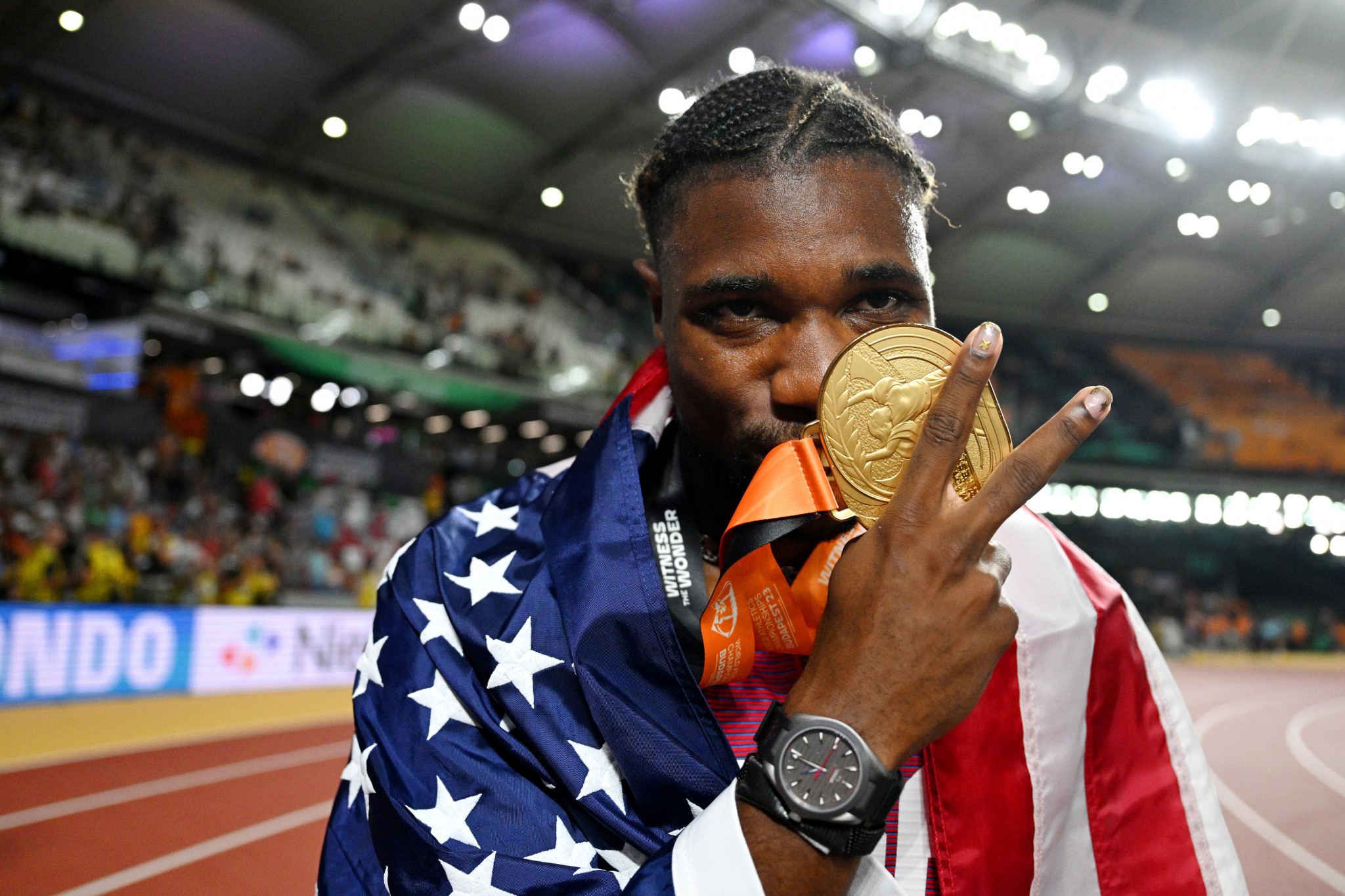 Noah Lyles of the US clinched a men's 100m and 200m double at the World Championships in Budapest ©Getty Images