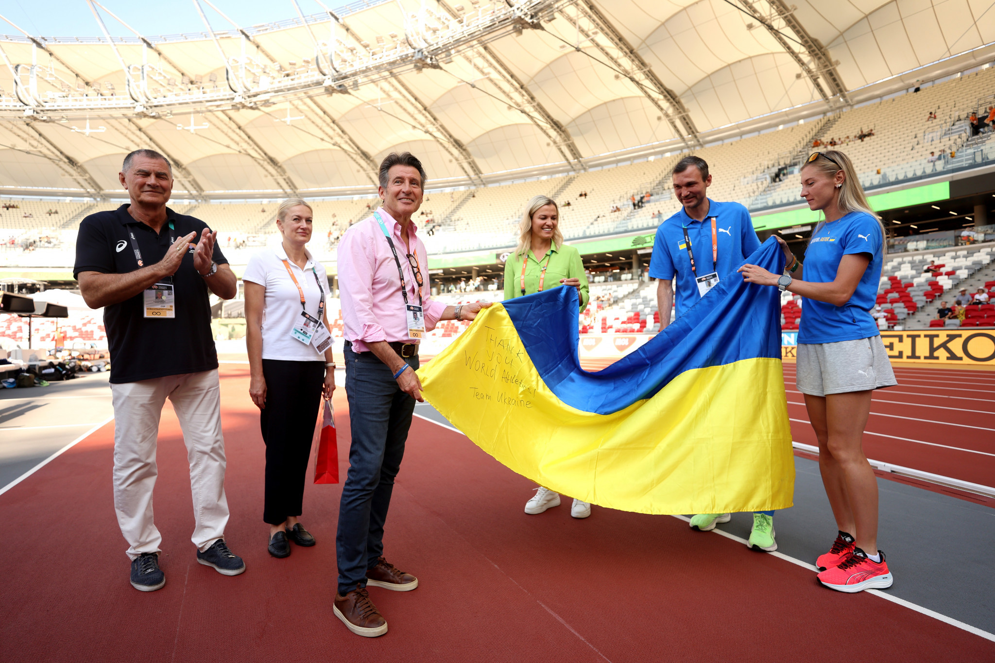 World Athletics President Sebastian Coe, third from left, has put himself at odds with the IOC with his firm stance in response to the war in Ukraine ©Getty Images