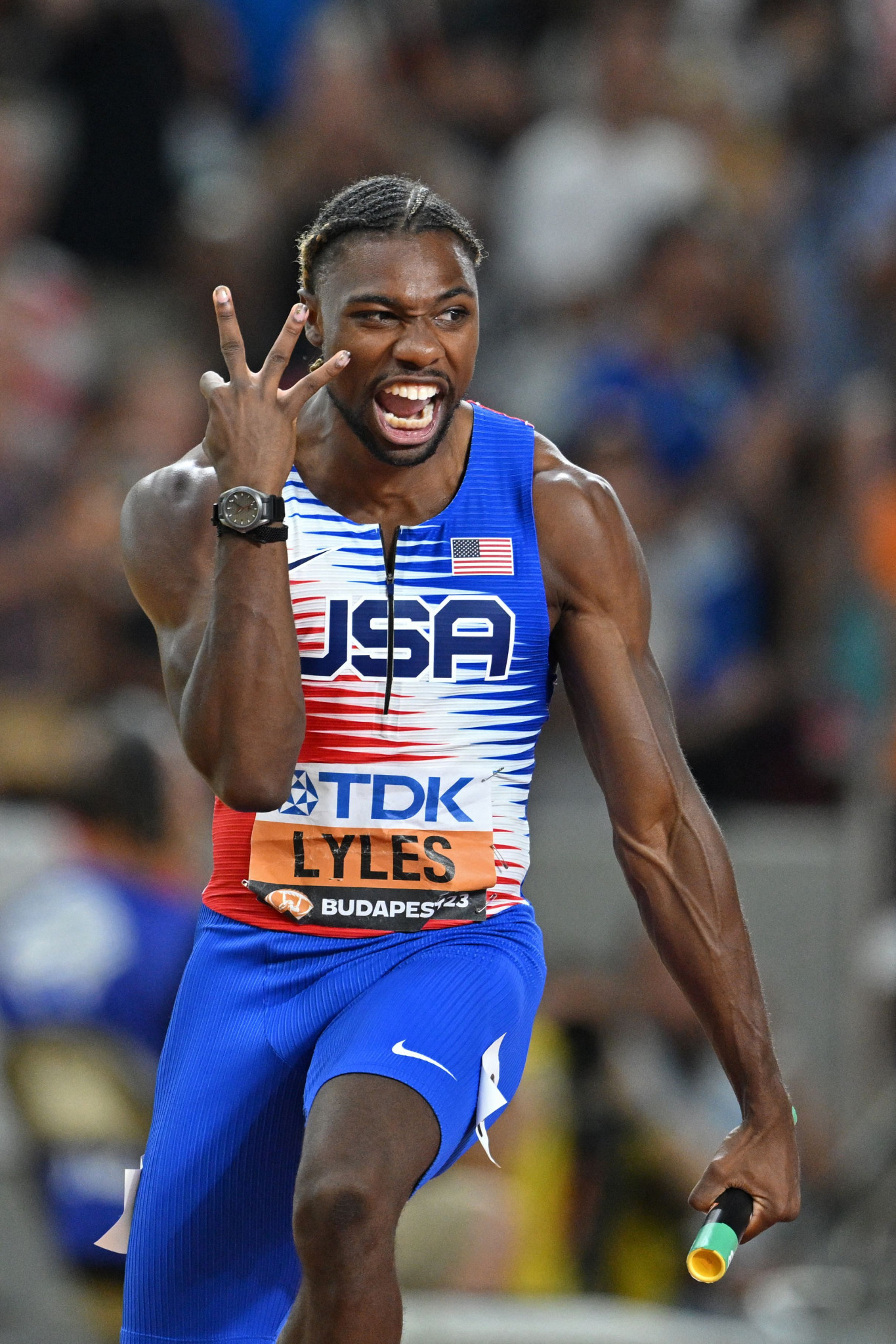 Noah Lyles of the United States is another multiple gold medallist in Budapest, anchoring his country to men's 4x100m gold to add to his individual 100m and 200m victories ©Getty Images