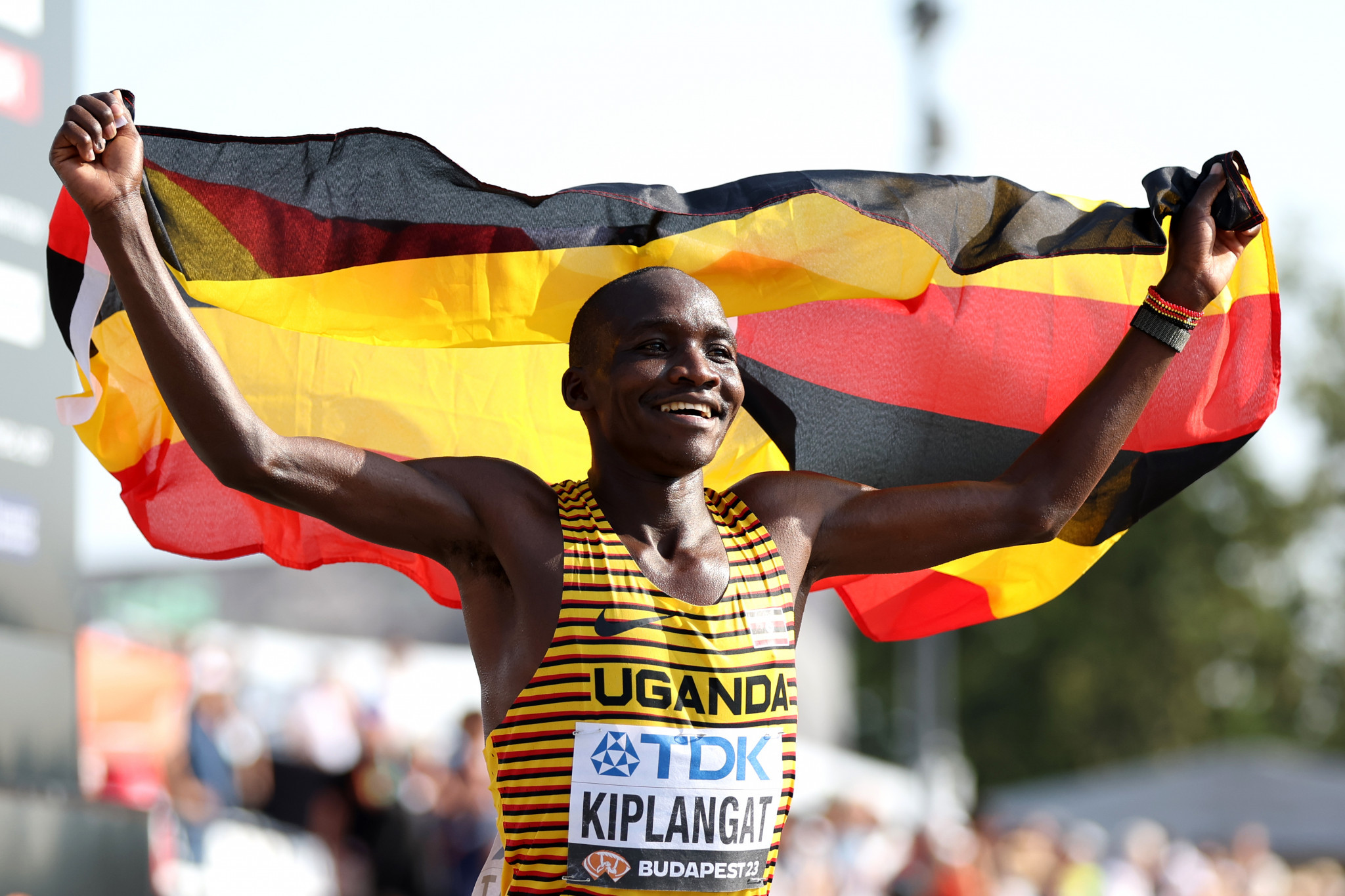Victor Kiplangat celebrates after winning the men's marathon at the World Athletics Championships in Budapest ©Getty Images
