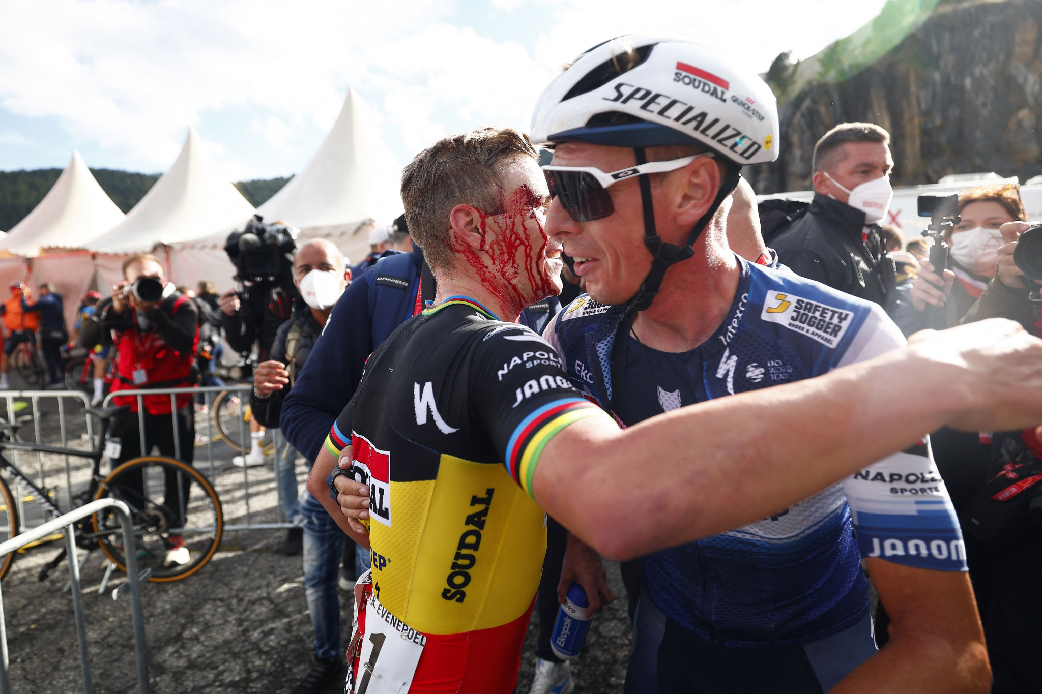Blood streams down Evenepoel's face after stage three Vuelta a España win