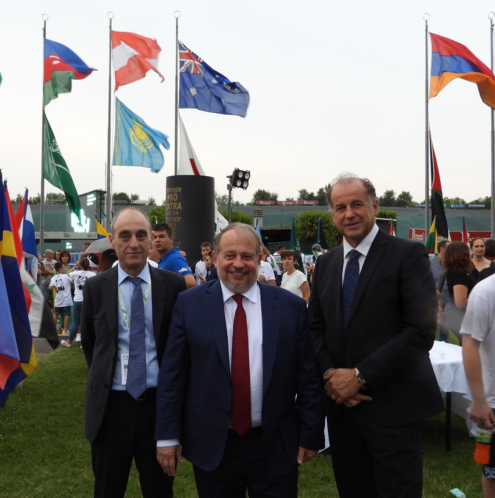 Luciano Rossi, right, who succeeded Russia's Vladimir Lisin, centre, as ISSF President, is among those targetted in legal action taken by Alexander Ratner, left, head of the ESC ©FITAV 