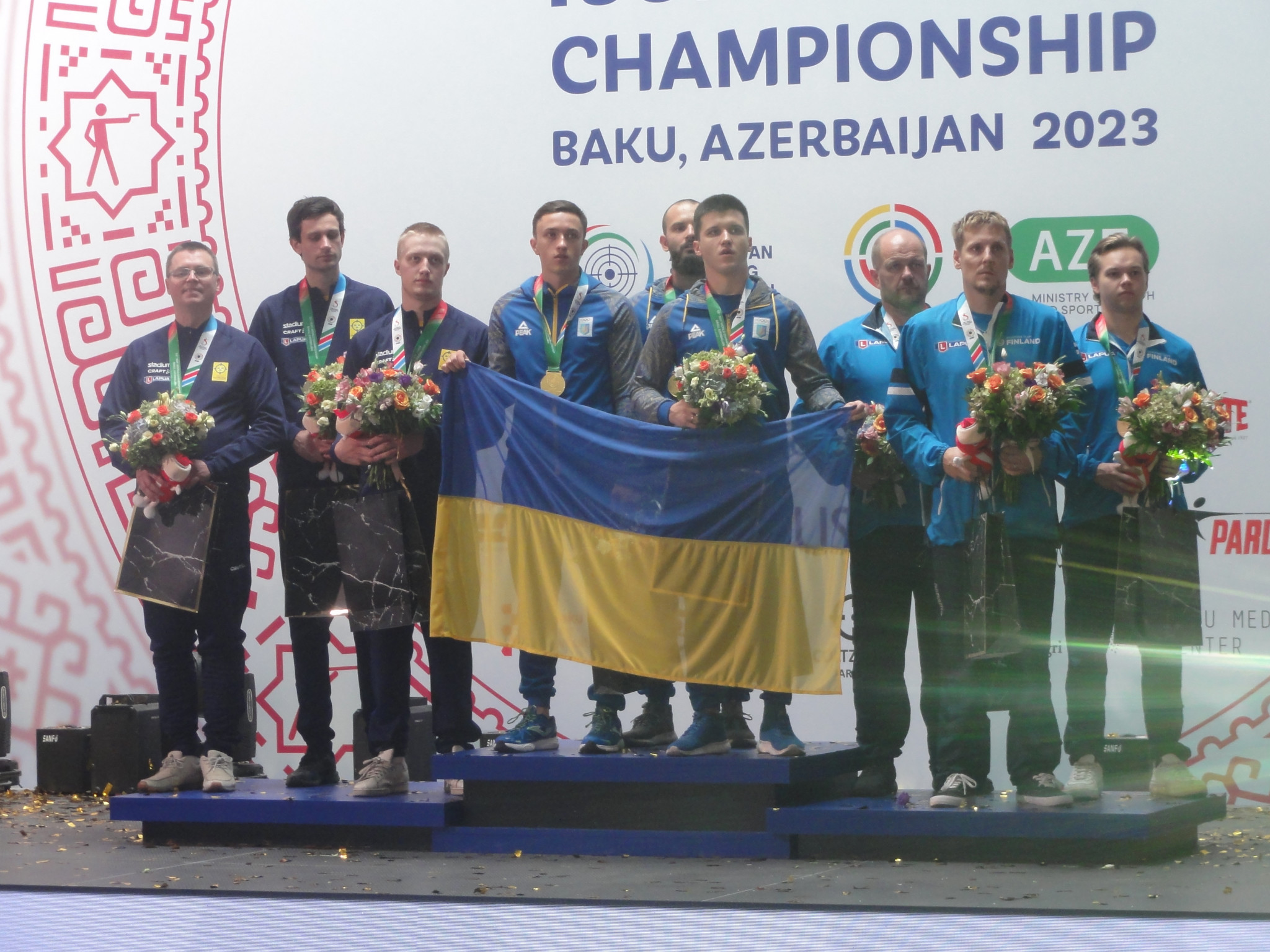 
Ukraine took their gold medal tally to six after winning the men's team competition in 50m running target mixed today ©ITG