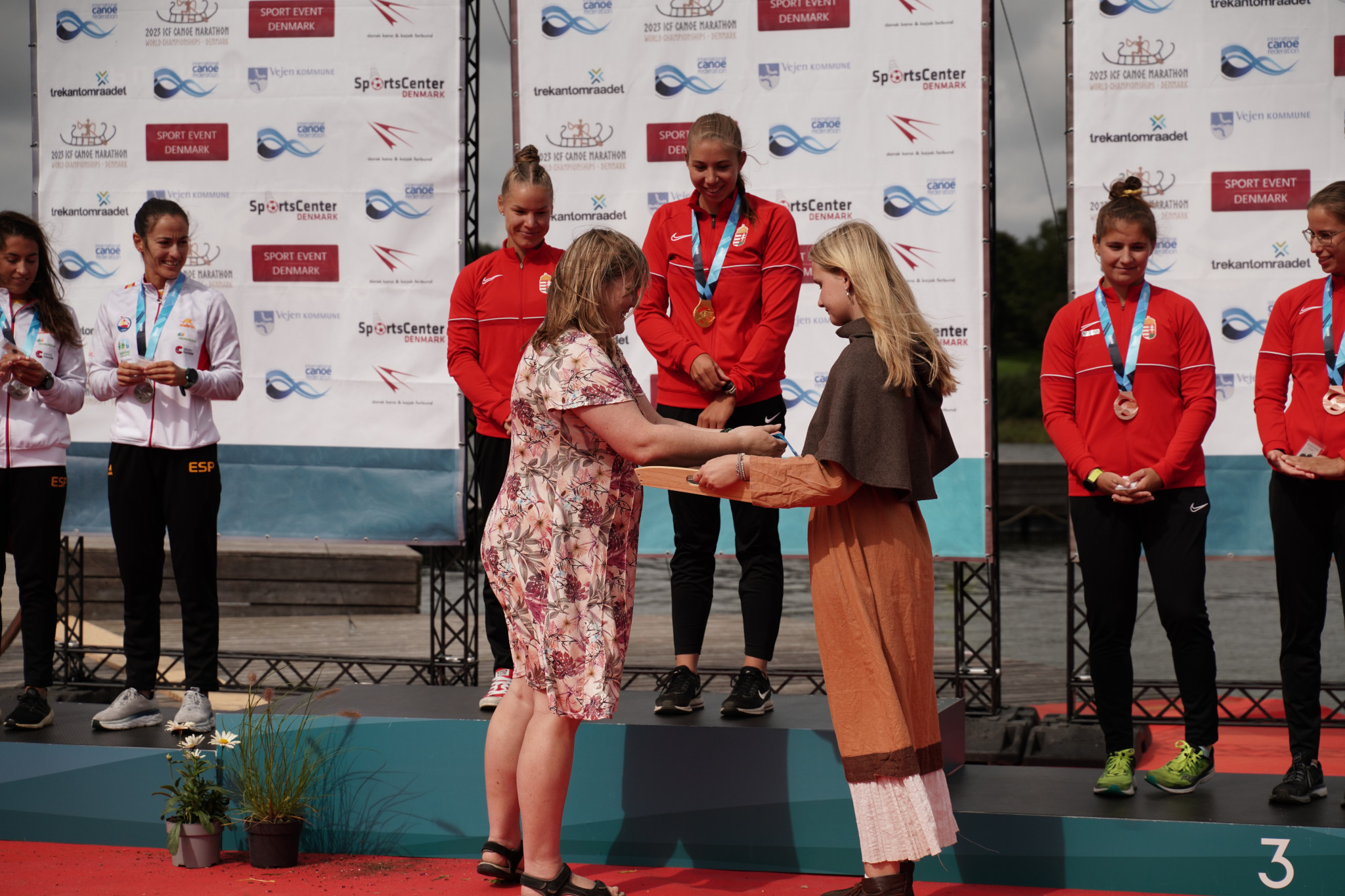 Hungary claimed gold and bronze in the women's K2 race as they topped the overall standings ©Svend-Erik Boysen/2023 ICF Canoe Marathon World Championships, Denmark