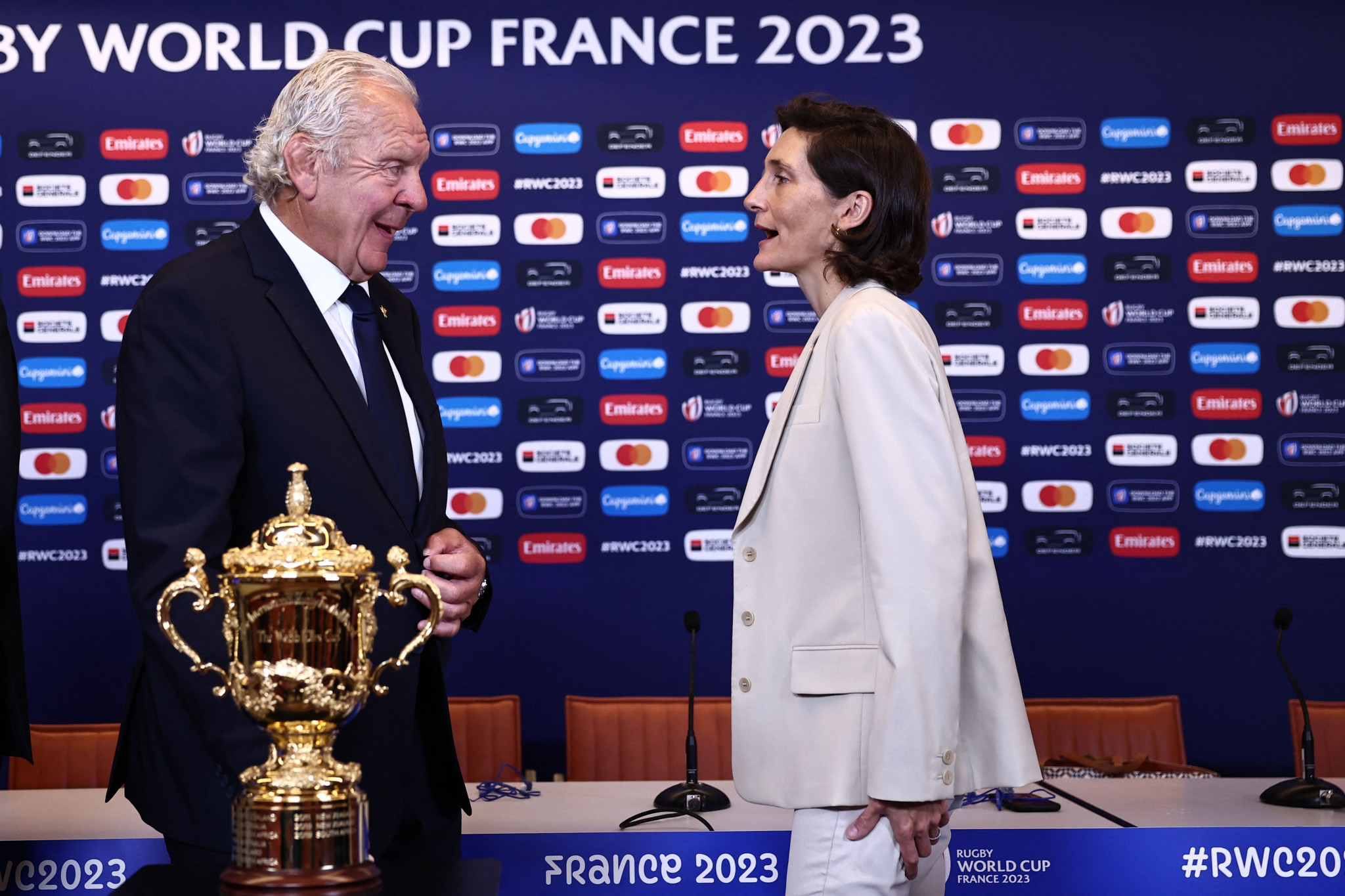 French Sports Minister Amélie Oudéa-Castéra, right, claimed the country has "revised our security policy" following last year's UEFA Champions League final ©Getty Images