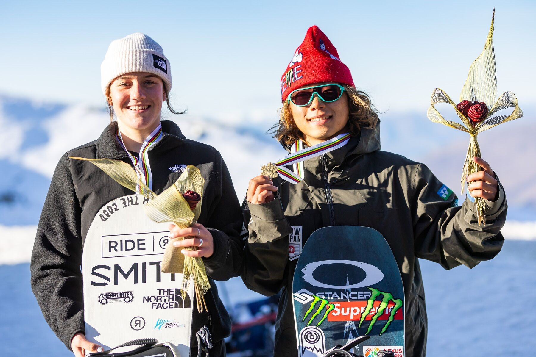 Japan's Taiga Hasegawa, right, won two golds at the FIS Park and Pipe Junior World Championships in Cardrona, while Lucia Georgalli, left, earned New Zealand's first-ever gold at the event ©Winter Games NZ