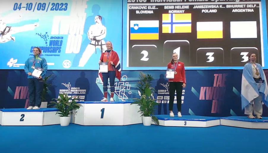 Helene Semb, second left, triumphed for Norway in the women's sparring 70 to 75 kilograms to help them move top of the medals table with four golds ©ITF