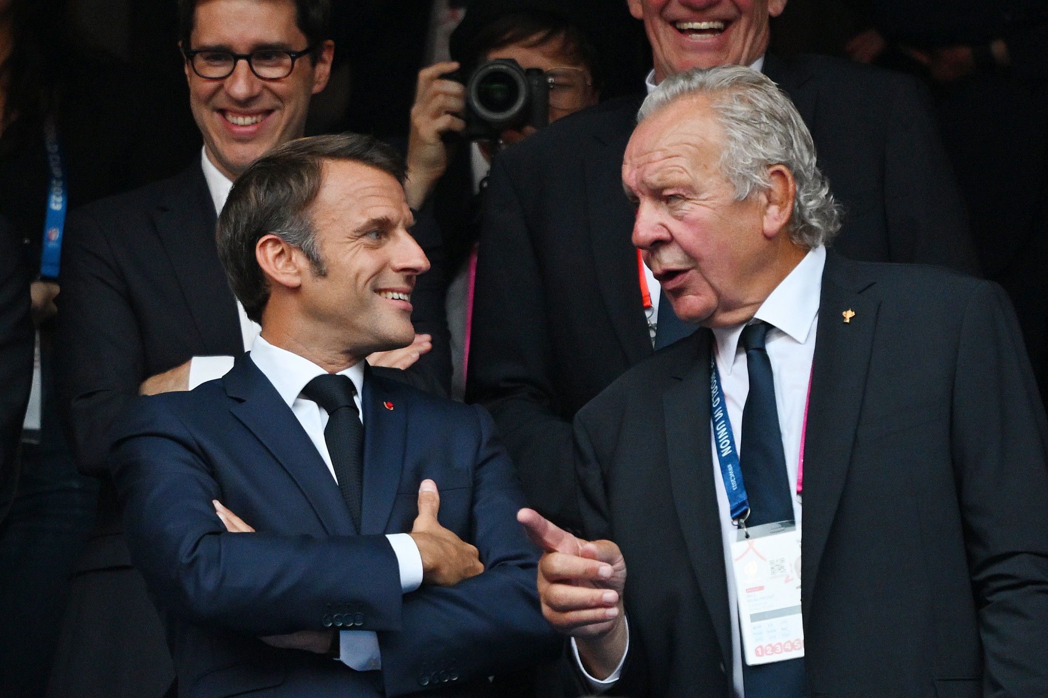 French President Emmanuel Macron pictured alongside World Rugby chairman Sir Bill Beaumont during the tournament opener between France and New Zealand ©Getty Images  