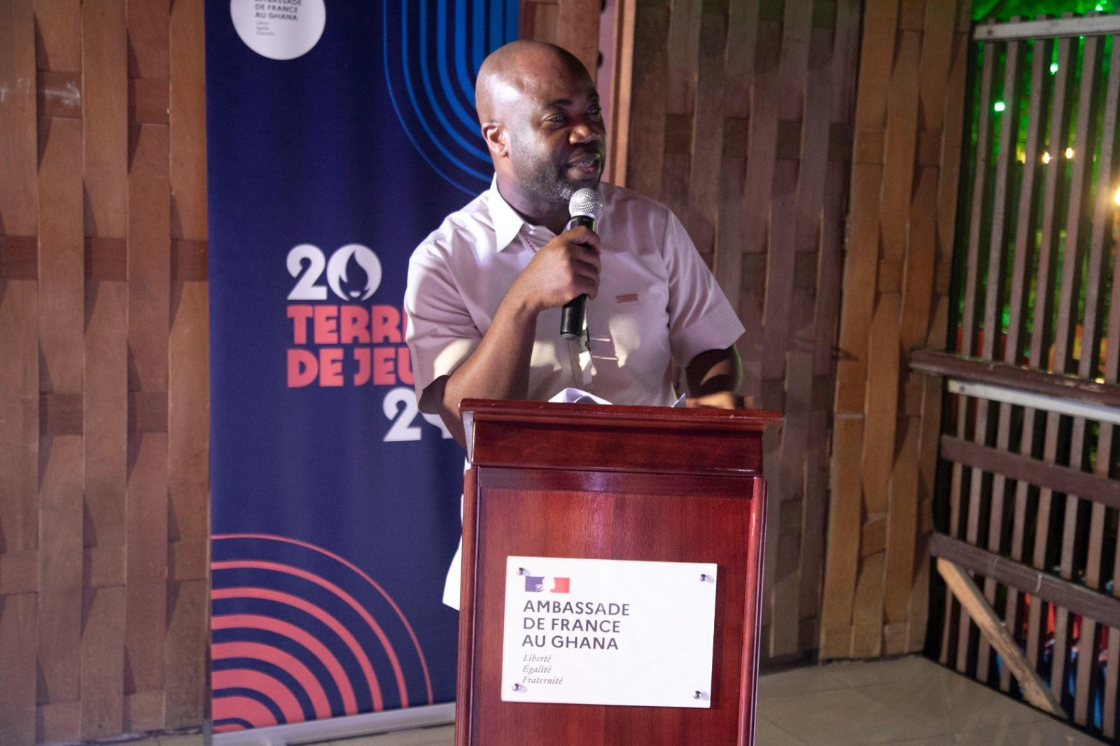 Samson Deen, President of the Ghana Paralympic Committee and African Paralympic Committee, speaks at the French Embassy reception held to mark the first African Para Games taking place in Accra ©Ghana NOC