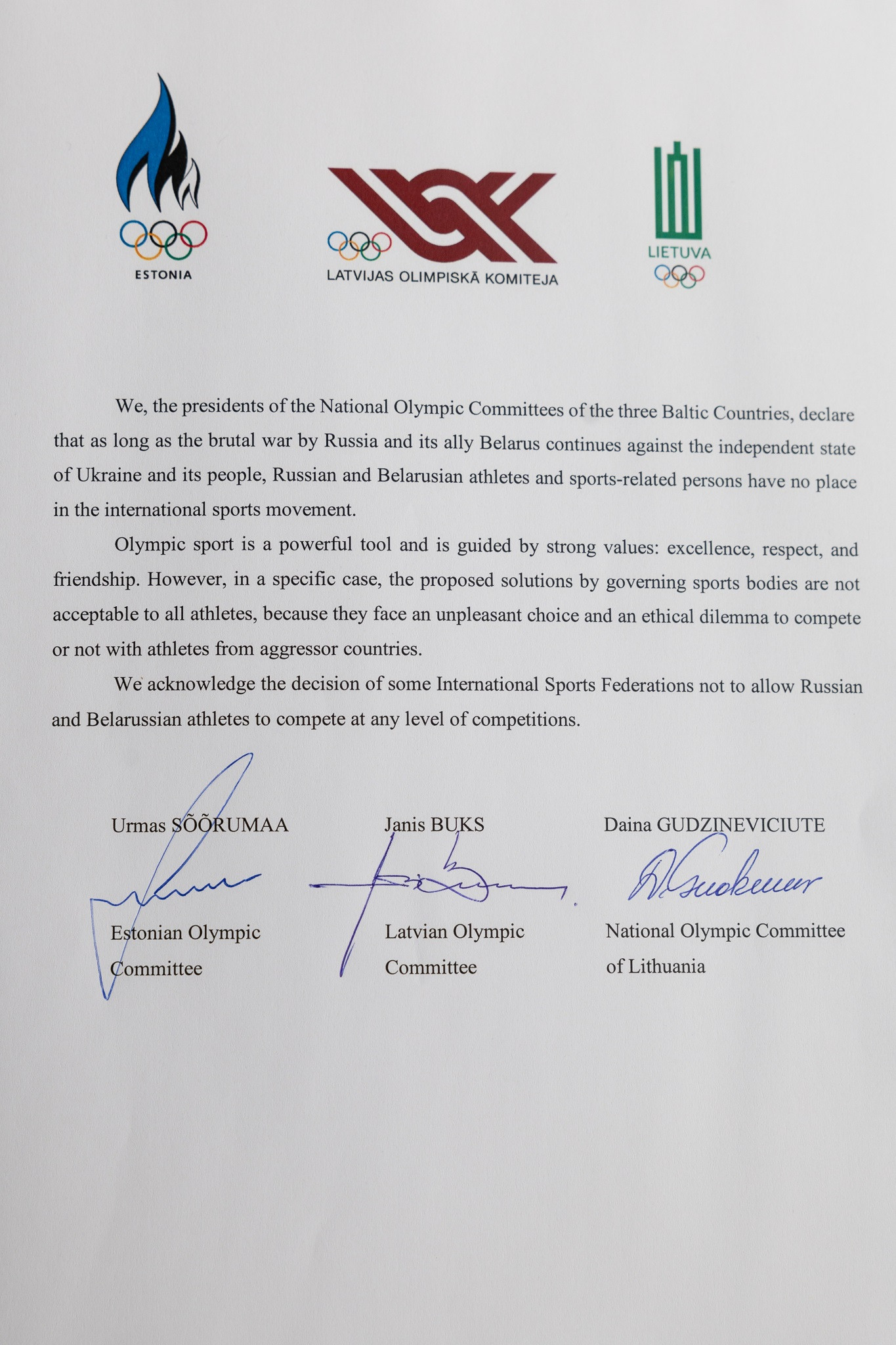 The joint statement insists Russia and Belarus should be excluded from international sport 