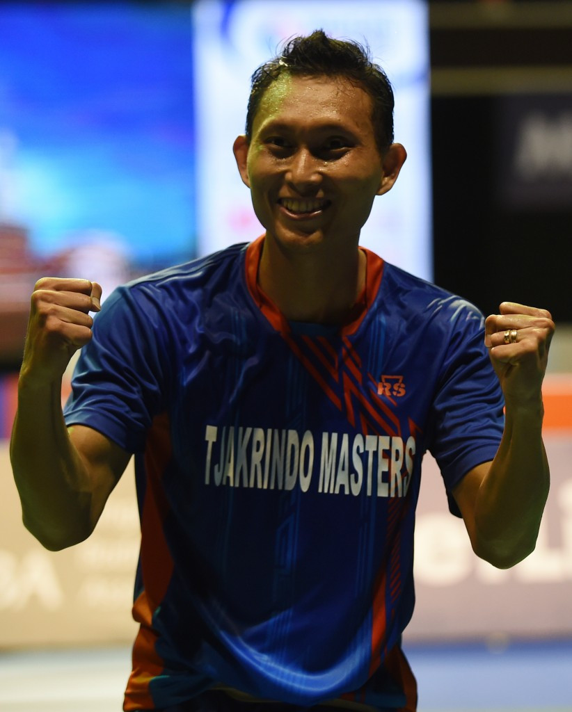 Sony Dwi Kuncoro celebrates his win over Lin Dan today ©Getty Images 