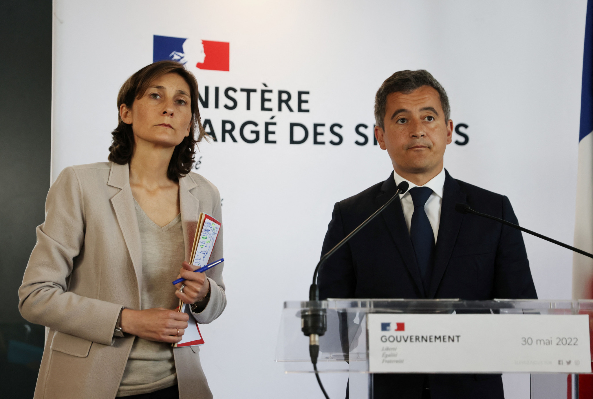 French Sports Minister Amélie Oudéa-Castéra, left, and Interior Minister Gérald Darmanin, right, remain in their posts, despite lies which attempted to shift the blame for the UEFA Champions League final chaos to Liverpool supporters ©Getty Images