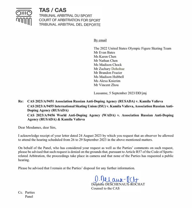 A late appeal from members of the United States team, who stand to be promoted to the Olympic gold if Kamila Valieva loses her case, to be represented at the CAS hearing has been rejected ©ITG