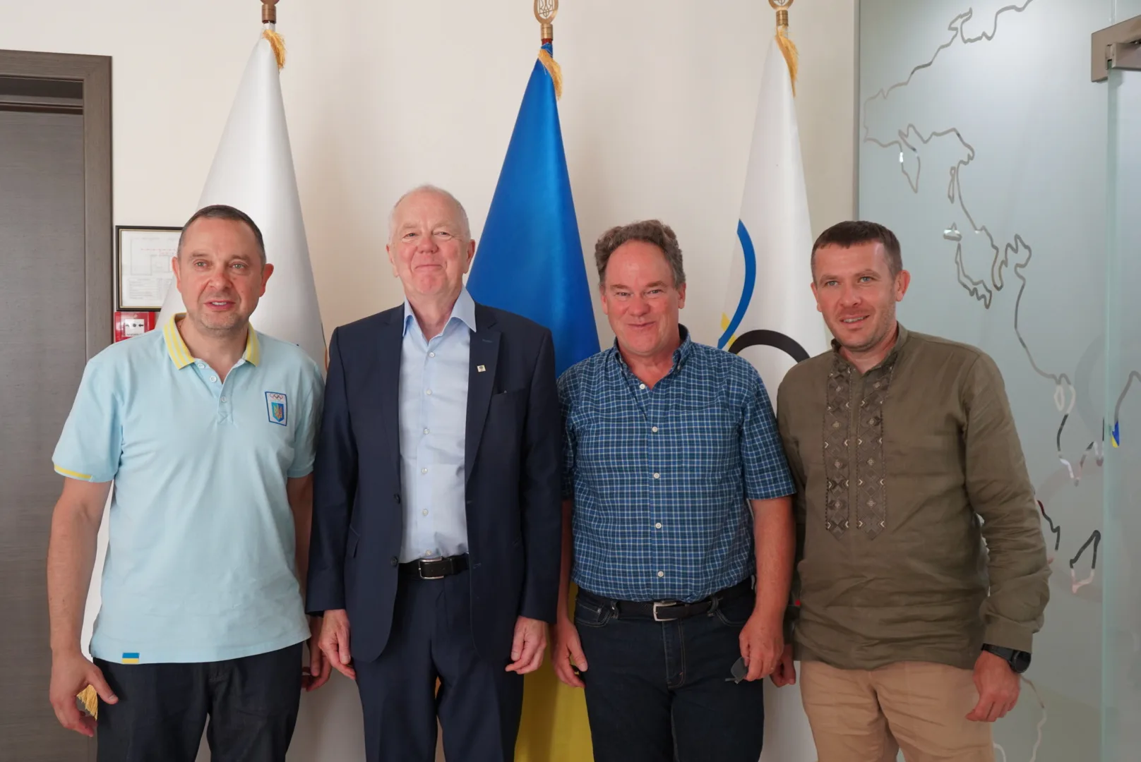 IBU President Olle Dahlin, second left, joined secretary general Max Cobb, second right, on the trip to Ukraine where they were hosted by Vadym Guttsait, left, the country's Sports Minister, and Ivan Krulko, right, head of the Ukraine Biathlon Federation ©IBU