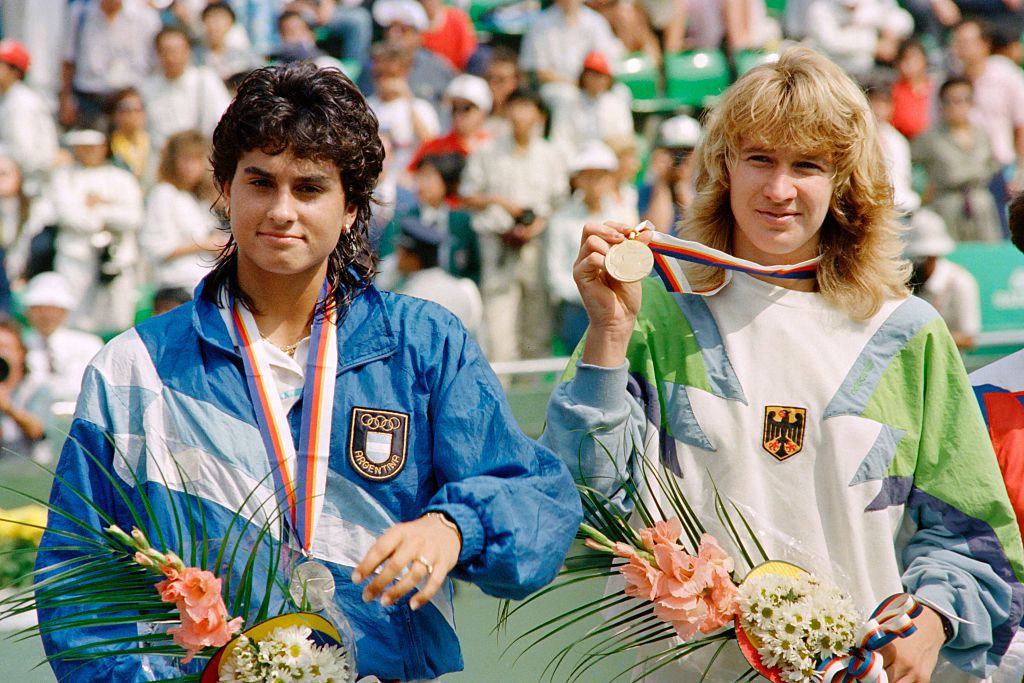 Steffi Graf of West Germany completed a first Golden Slam after beating Argentina's Gabriela Sabatini to win the Olympic women's tennis title at Seoul 1988 ©Getty Images