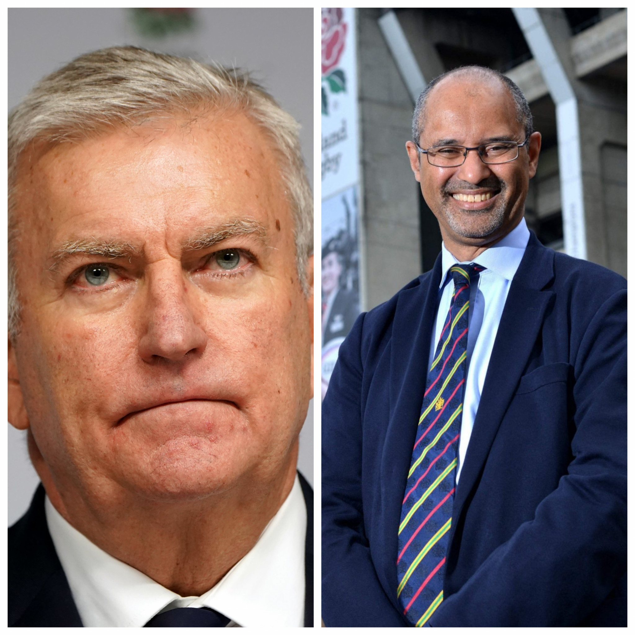 Rugby Football Union chief executive Bill Sweeney, left, and chairman Tom Ilube, right, are under pressure because of fears over the sport's financial security in England ©Getty Images