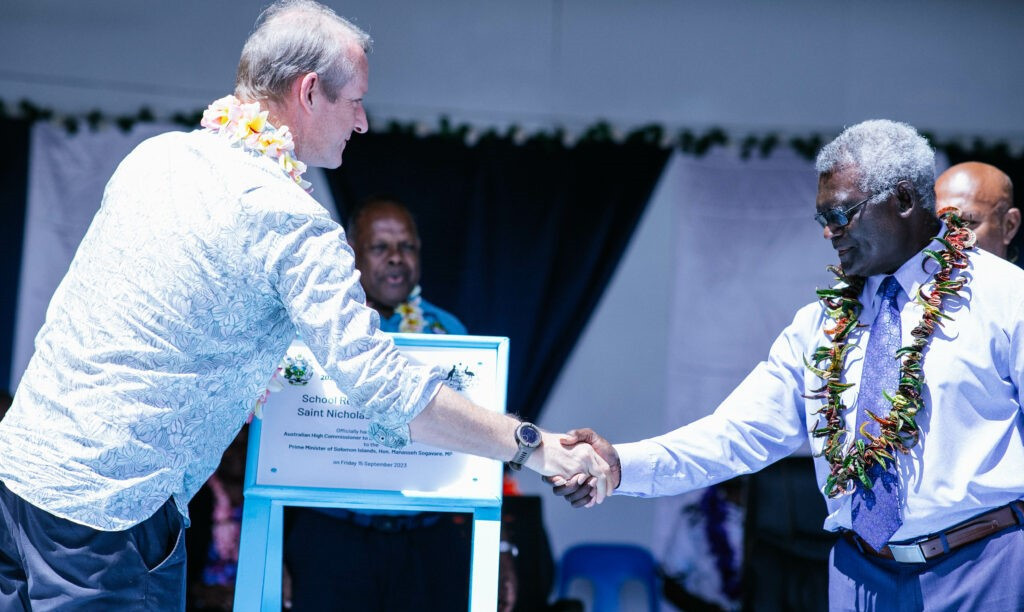 Solomon Islands Prime Minister Manasseh Sogavare, right, says the refurbishment will benefit students for years to come ©GOC Media|Sol2023 Pacific Games