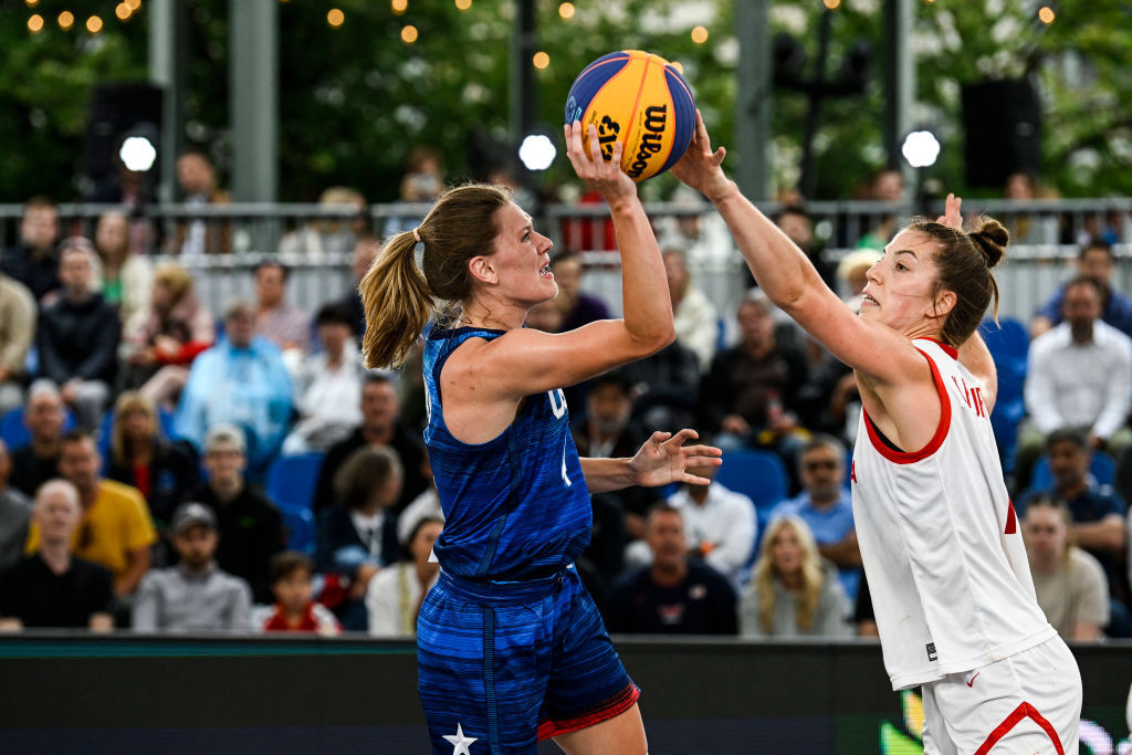 Michelle Plouffe, right, was voted Most Valuable Player as they retained the FIBA 3x3 Women's Series title in Mongolia ©Getty Images