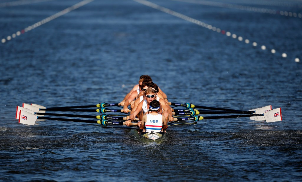 The British men's eight, pictured winning last year's world title, got back into winning ways after opening defeat at the European Rowing Championships ©Getty Images