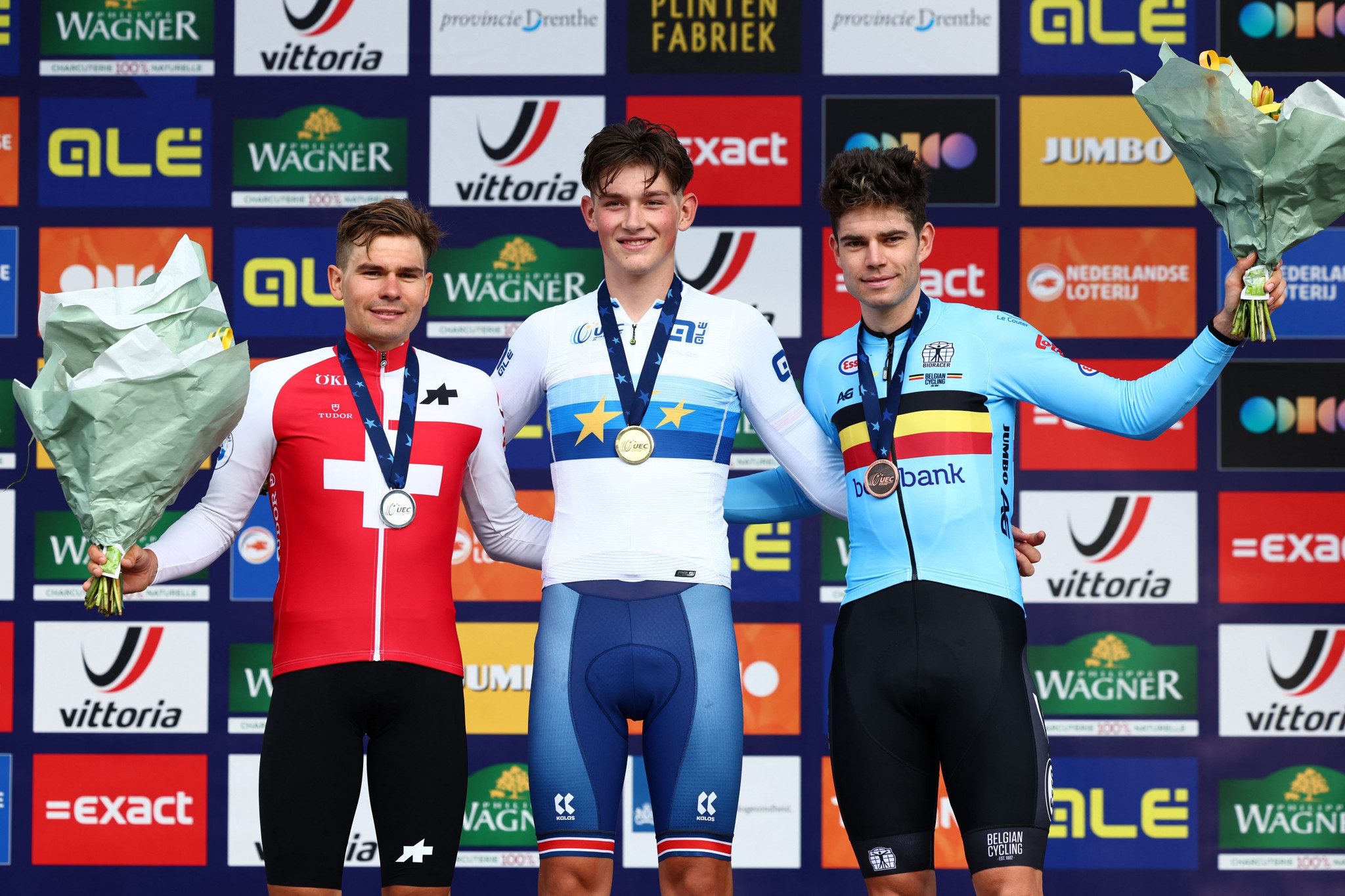 Britain's Josh Tarling, centre, impressively beat Switzerland's Stefan Bissegger, left, and Belgium's Wout van Aert, right, in the elite men's time trial ©Getty Images